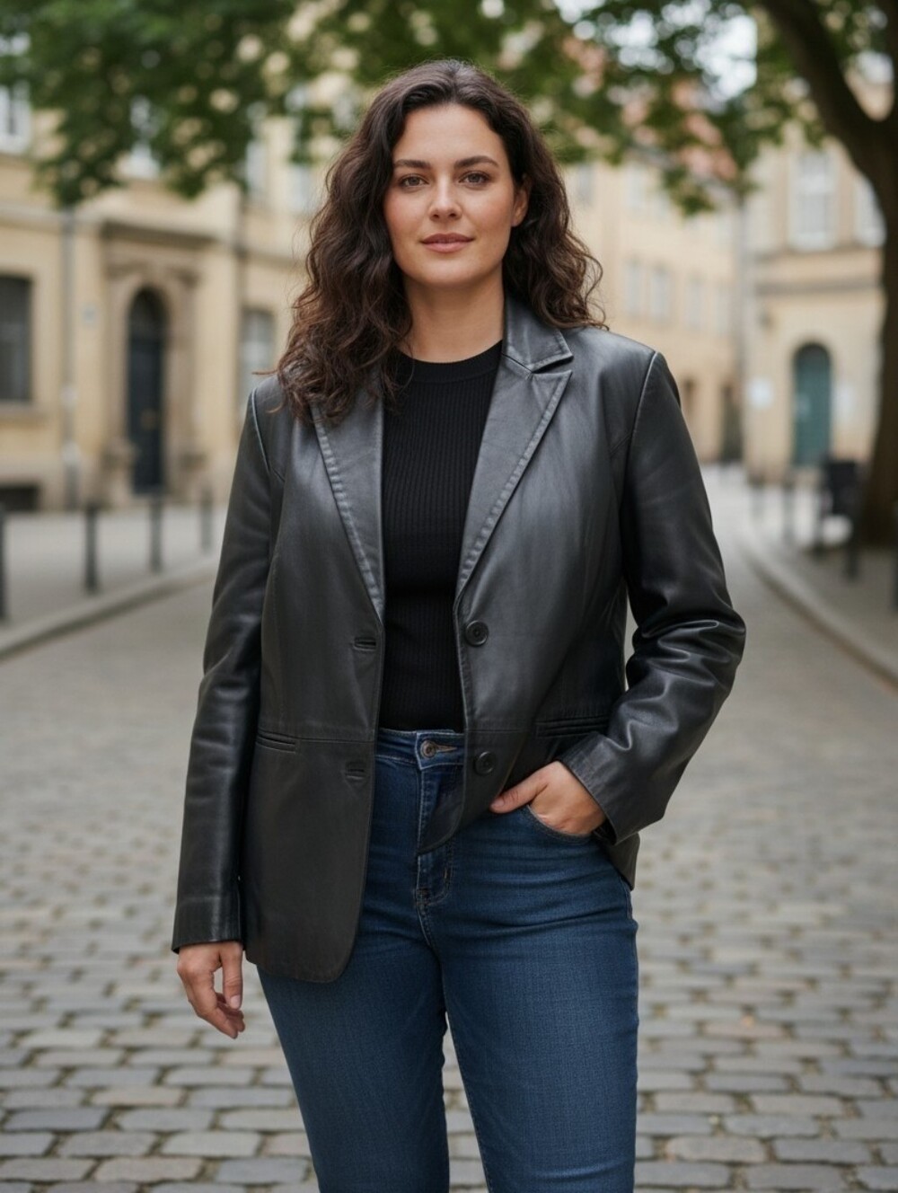 Covington Black Leather Blazer Jacket - Women's